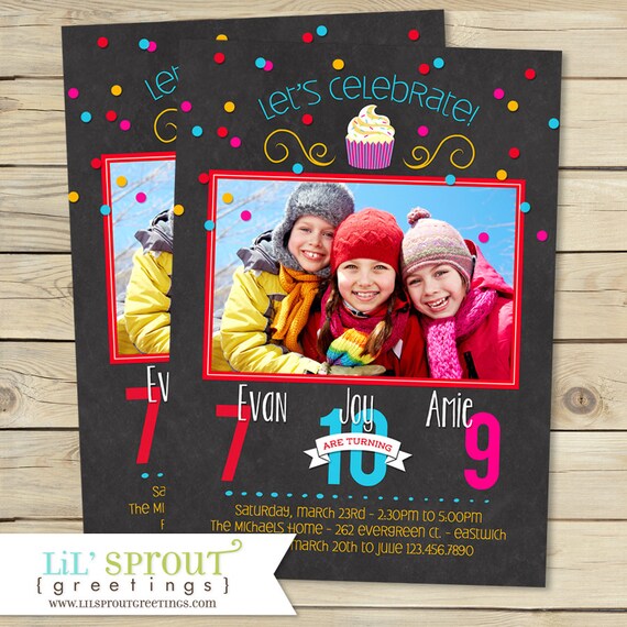 Triplet Joint Birthday Invitation, Sibling Birthday Invitation