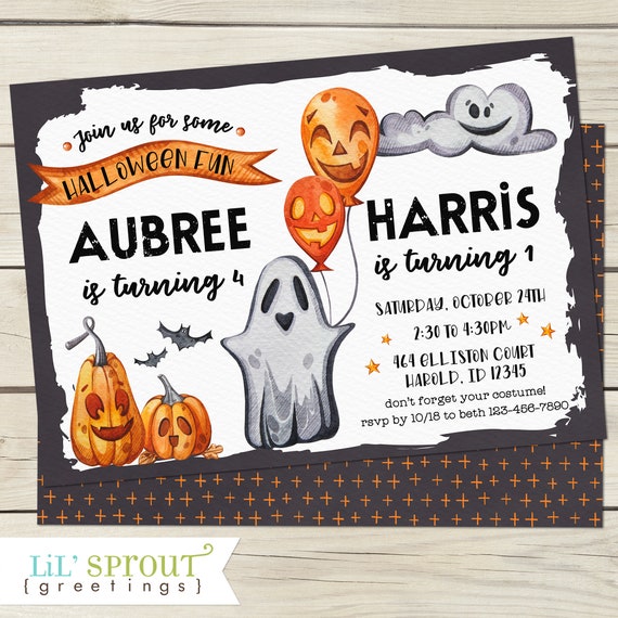 Halloween Double Joint Birthday Invitation - No Photo Halloween Party Invite - Print Your Own Digital File - Quick Delivery JPEG PDF File Il_570xn
