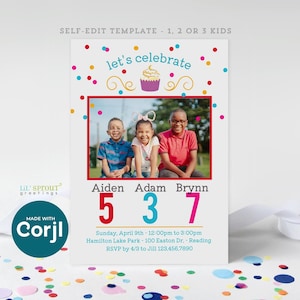 Invitación de cumpleaños combinada para 2 o 3 niños: plantilla editable, invitación conjunta para varios niños con foto - Autoedición en línea con Corjl