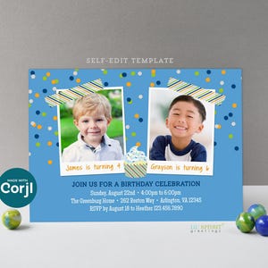Invitación de cumpleaños con foto editable para hermanos - Plantilla de invitación de fiesta de 13 x 18 cm para 2 niños - Autoedición online, descarga, imprime o envía por mensaje de texto o correo electrónico