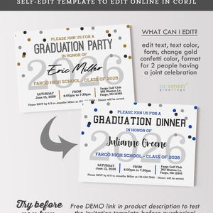 May include: Two rectangular graduation invitation templates with editable text. One features gold and black confetti with the text Graduation Party for Eric Miller. The other features blue and black confetti with the text Graduation Dinner for Julianne Greene.