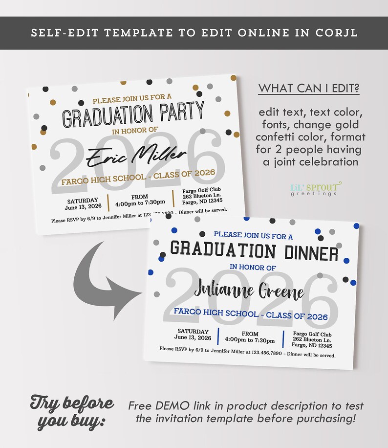 May include: Two rectangular graduation invitation templates with editable text. One features gold and black confetti with the text Graduation Party for Eric Miller. The other features blue and black confetti with the text Graduation Dinner for Julianne Greene.