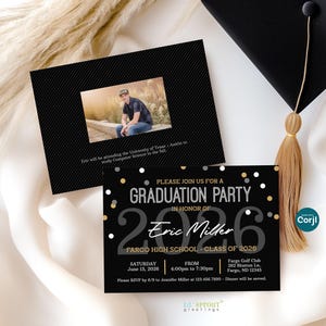 May include: A black graduation party invitation card featuring white and gold confetti dots, the text PLEASE JOIN US FOR A GRADUATION PARTY IN HONOR OF Eric Miller, CLASS OF 2026, and event details including date, time, and location in Fargo, ND.