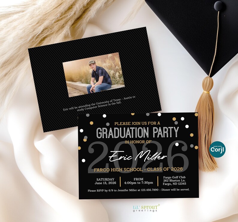 May include: A black graduation party invitation card featuring white and gold confetti dots, the text PLEASE JOIN US FOR A GRADUATION PARTY IN HONOR OF Eric Miller, CLASS OF 2026, and event details including date, time, and location in Fargo, ND.