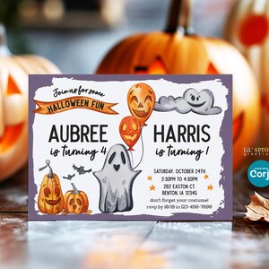 Halloween Two Birthday Invitation Template, DIY Pumpkin & Ghost Editable Party Invite, Edit Yourself Online Quickly, Print or Send Digitally
