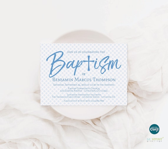 Editable Baptism Boy Invitation Template - Edit Online w/ Corjl, 5x7" Digital File - Instant Download - Cupcake Toppers Included