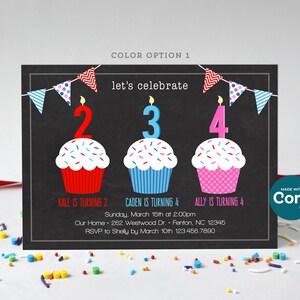 Plantilla editable de invitación para cumpleaños infantil con cupcakes para 3 niños - Invitación para fiesta conjunta de niño y niña - Editar en línea con Corjl, descarga de archivo digital de 5x7