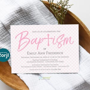 Bearbeitbare Mädchen-Taufeinladungsvorlage, online bearbeiten mit Corjl, Datei herunterladen und drucken oder digital senden - passende Cupcake-Topper enthalten