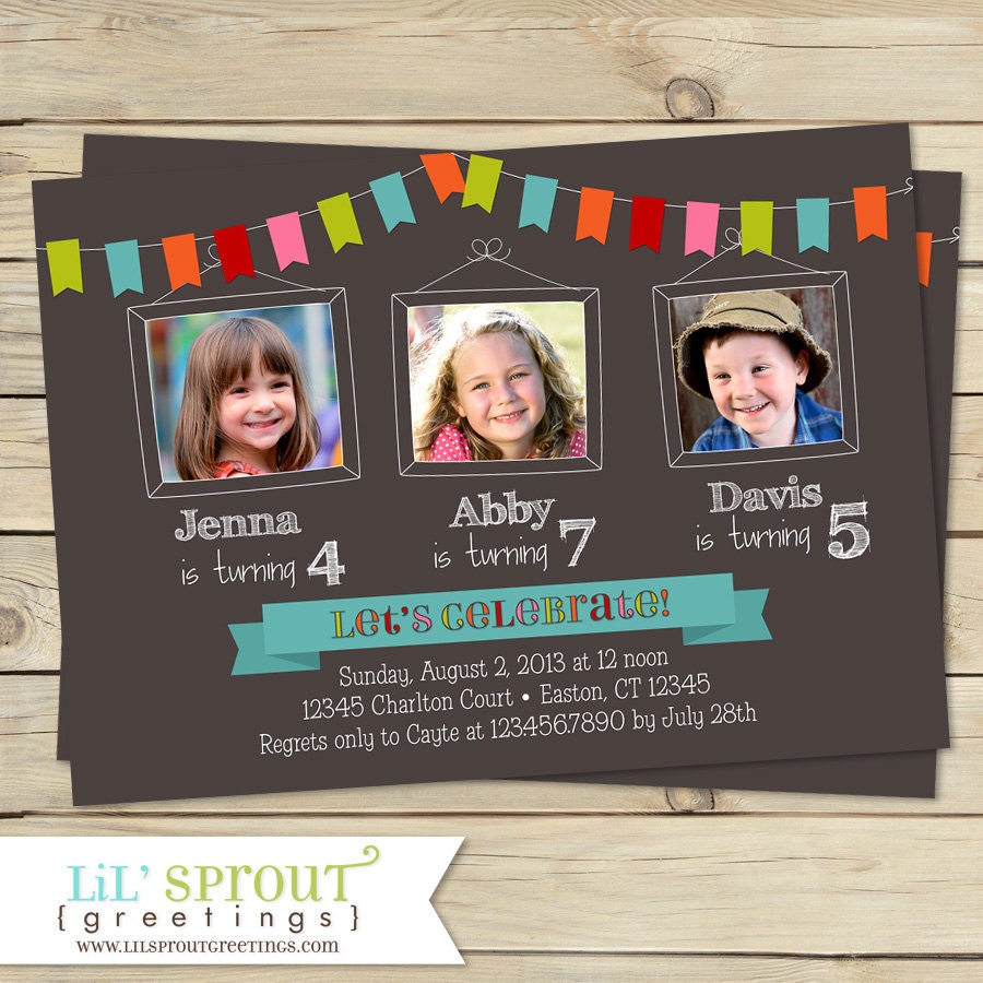 bunting triplet photo birthday invitation joint birthday etsy