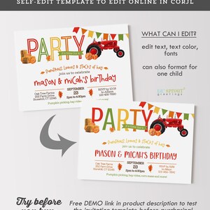 May include: A digital birthday invitation template featuring a red tractor, hay bales, pumpkins, and colorful bunting. The text reads PARTY, it's time for a, PUMPKINS, Leaves & STACKS of hay, join us to celebrate, MASON & MICAH'S BIRTHDAY, and event details.