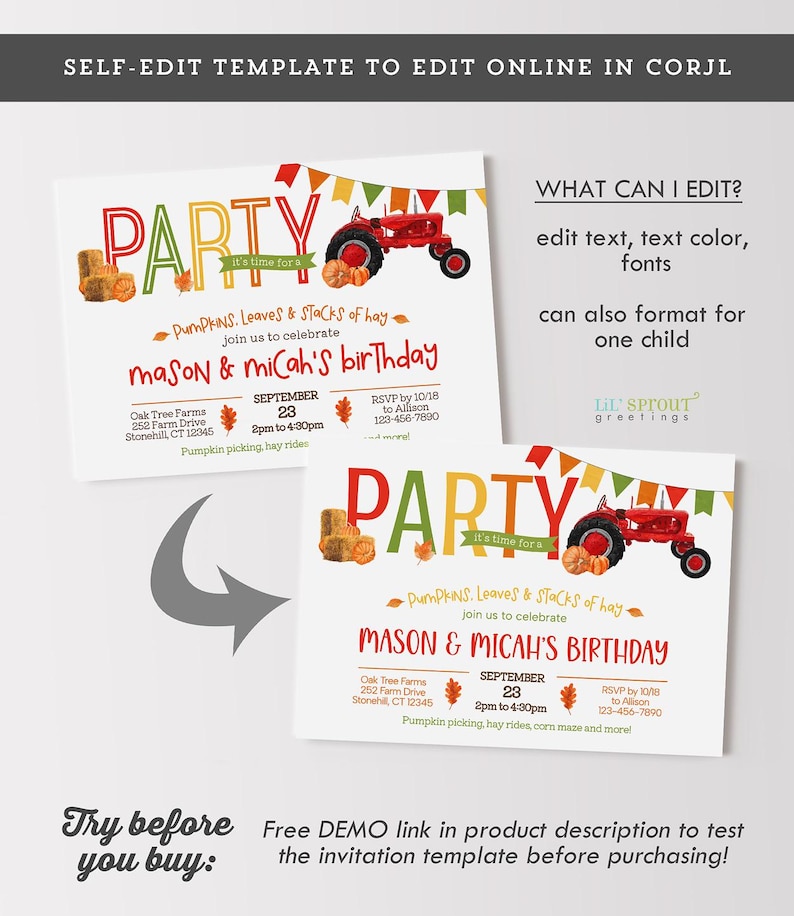 May include: A digital birthday invitation template featuring a red tractor, hay bales, pumpkins, and colorful bunting. The text reads PARTY, it's time for a, PUMPKINS, Leaves & STACKS of hay, join us to celebrate, MASON & MICAH'S BIRTHDAY, and event details.