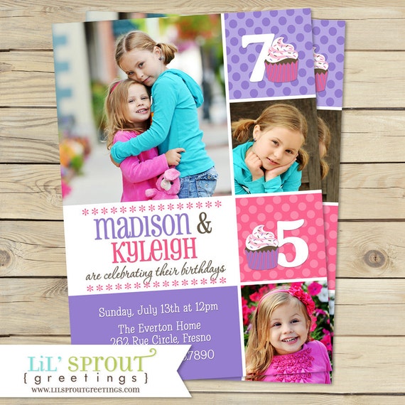 Twin Girl Photo Birthday Invitation Purple & Pink Cupcake Sister