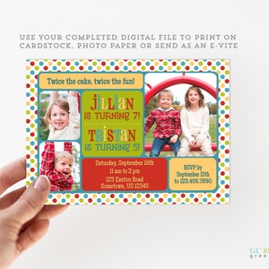 Joint Birthday Party Invitation Printable Digital File, Invite Design with Photos for Two Siblings Kids, Print Your Own Cards or Send E-vite image 2