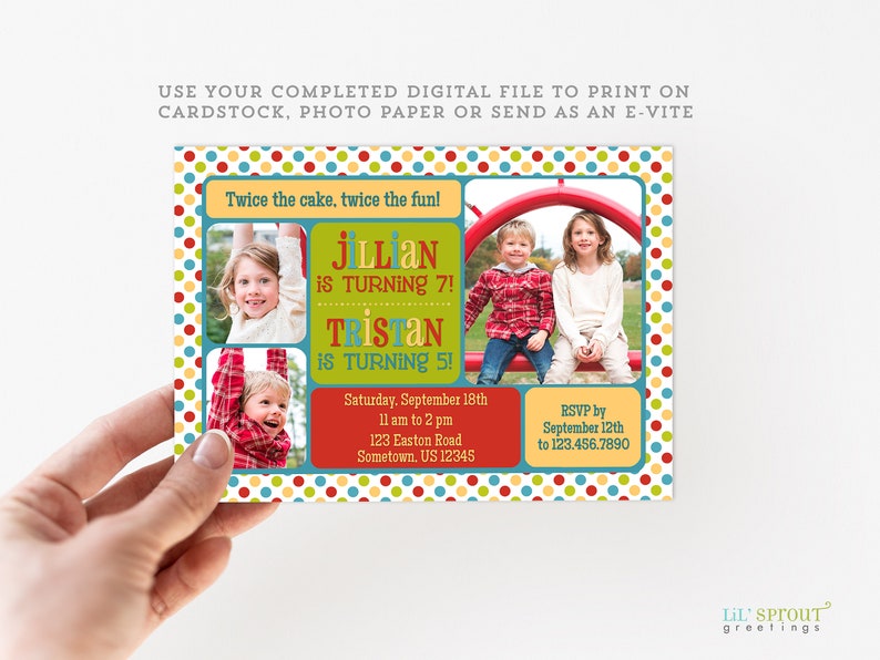 Joint Birthday Party Invitation Printable Digital File, Invite Design with Photos for Two Siblings Kids, Print Your Own Cards or Send E-vite image 2