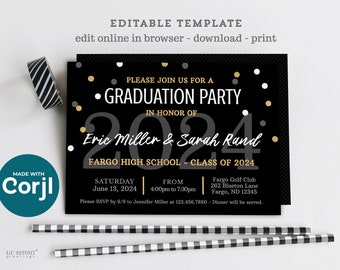 Graduation Party Invite Editable Template Class of 2024, Edit Online w/ Corjl Then Download PDF JPEG & Print, Grad Invitation 1 or 2 Seniors