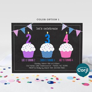 Triple Cupcake 3 Child Birthday Invitation Template - 5x7&quot; Editable Invite - Edit Online with Corjl, Download & Print or Send Digitally