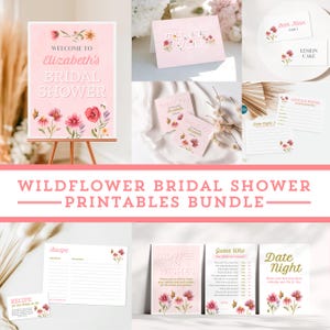 Fleurs sauvages à imprimer pour la douche nuptiale, panneaux floraux bohèmes pour la douche de mariage, jeux, cartes de remerciement, étiquettes, modification en ligne avec Corjl, téléchargements numériques