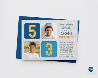 Invitación de cumpleaños con foto para hermanos, invitación doble para dos niños, plantilla editable de 13 x 18 cm, colores personalizables y descarga digital instantánea.