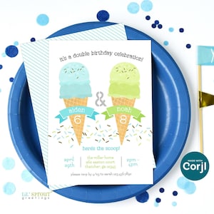 Hier ist die Kugel-Eis-Doppel-Geburtstagseinladung - Brüder oder 2 Jungen-Sommerparty einladen - 13x18cm Vorlage - Online bearbeiten - digitale Datei