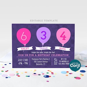 Bearbeitbare Ballon-Geburtstagseinladung für 3 Mädchen oder Schwestern, Dreifach-Partyeinladungsvorlage zum Online-Bearbeiten mit Corjl, Download digitaler Datei