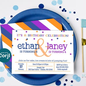 Geschwister Junge Mädchen Geburtstagsfeier Einladung Vorlage - Zwei Kinder Hüpfhaus oder Trampolin Bearbeitbar Einladen - DIY 5x7 "Digitaler Datei Download