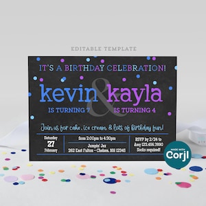 Puede incluir: Una invitaci&oacute;n de cumplea&ntilde;os en una pizarra con confeti de colores para una fiesta de cumplea&ntilde;os conjunta para Kevin que cumple 7 a&ntilde;os y Kayla que cumple 4 a&ntilde;os. La invitaci&oacute;n incluye la fecha, la hora, el lugar y la informaci&oacute;n de RSVP.