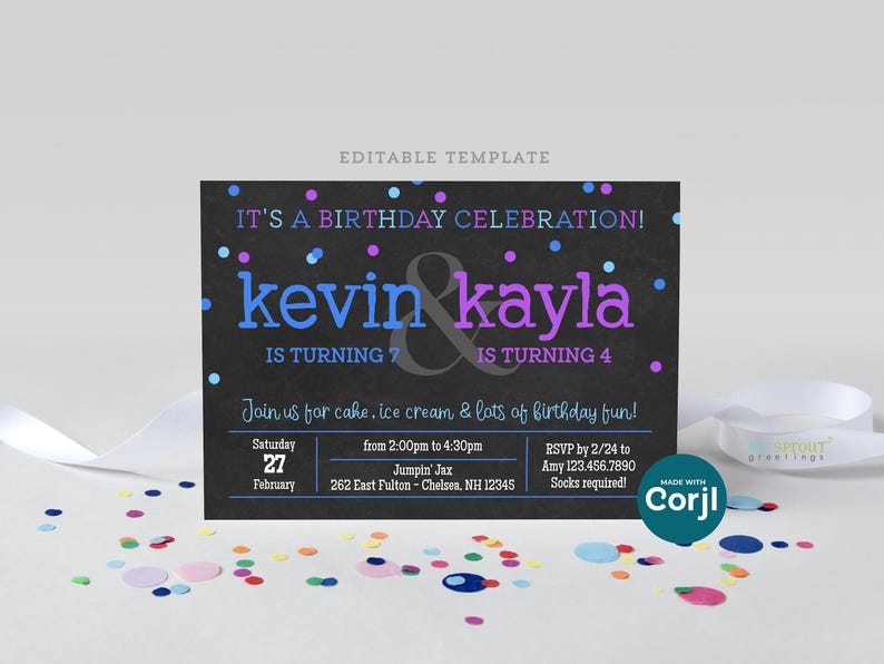Puede incluir: Una invitaci&oacute;n de cumplea&ntilde;os en una pizarra con confeti de colores para una fiesta de cumplea&ntilde;os conjunta para Kevin que cumple 7 a&ntilde;os y Kayla que cumple 4 a&ntilde;os. La invitaci&oacute;n incluye la fecha, la hora, el lugar y la informaci&oacute;n de RSVP.