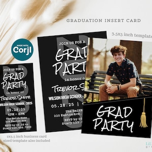 Plantilla de tarjeta de anuncio de graduación para niños con foto, invitación a la fiesta de graduación, 8,9 x 5 cm y 12,7 x 8,9 cm, edición en línea, descarga e impresión.