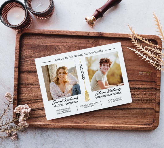 Double Graduation Party Invitation with Photos - 4x6" AND 5X7" Templates Included - Edit Online, Customize Colors, Instantly Download Files