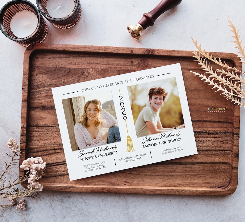 Double graduation party invitation template for 2 graduates in a horizontal format on a white background with black text and gold tassel detail. Includes a square photo of each graduate.