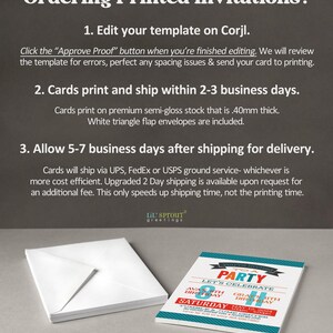 May include: A stack of white envelopes next to a rectangular birthday party invitation card featuring teal, red, and blue text on a white background. The text reads You're invited to a party, let's celebrate, Ava's 8th birthday, Gray's 6th birthday.