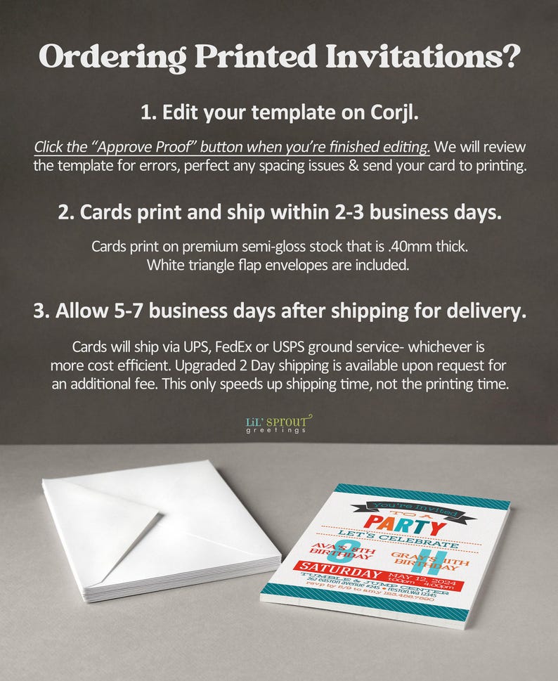May include: A stack of white envelopes next to a rectangular birthday party invitation card featuring teal, red, and blue text on a white background. The text reads You're invited to a party, let's celebrate, Ava's 8th birthday, Gray's 6th birthday.
