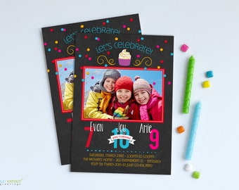Combined Birthday Invitation for 2 or 3 Kids, Joint Party Invite for Multiple Children with Photo, Custom Printable File or Digital E-vite