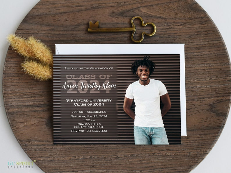 2024 graduation announcement or invitation with full bleed photo on front and text overlay