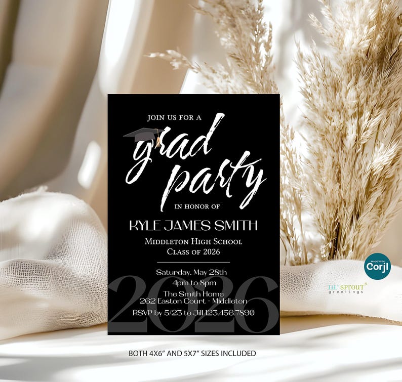 2026 graduation party invite template in a vertical format with a black background, white text in various fonts and a grad cap detail.