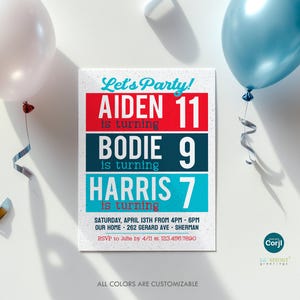 May include: A rectangular birthday party invitation card featuring the text Let's Party! in teal, with three horizontal blocks in red, dark blue, and light blue displaying names and ages. Includes event details, date, time, location, and RSVP info.