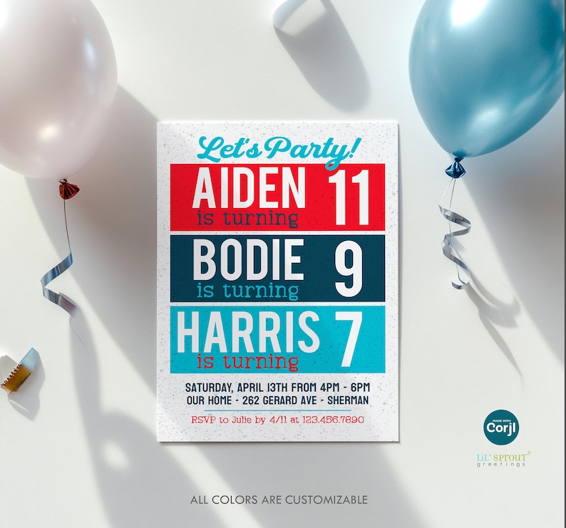 May include: A rectangular birthday party invitation card featuring the text Let's Party! in teal, with three horizontal blocks in red, dark blue, and light blue displaying names and ages. Includes event details, date, time, location, and RSVP info.