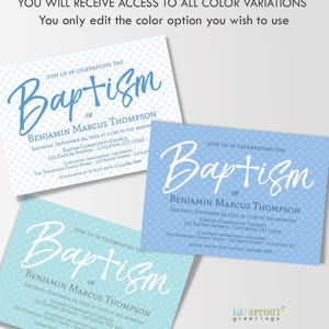 Puede incluir: Tres tarjetas de invitaci&oacute;n rectangulares para bautizo con patrones de puntos blancos sobre fondos azul claro, azul medio y azul verdoso. El texto dice: JOIN US IN CELEBRATING THE Baptism OF BENJAMIN MARCUS THOMPSON, SEPTEMBER 24, 2025 AT 11:30.