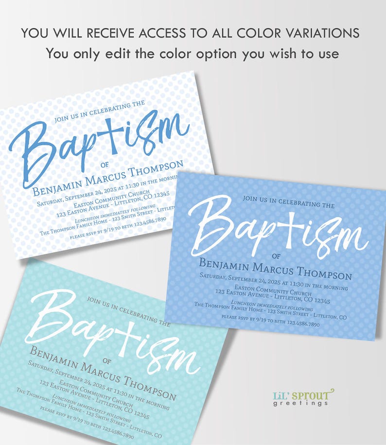 Puede incluir: Tres tarjetas de invitaci&oacute;n rectangulares para bautizo con patrones de puntos blancos sobre fondos azul claro, azul medio y azul verdoso. El texto dice: JOIN US IN CELEBRATING THE Baptism OF BENJAMIN MARCUS THOMPSON, SEPTEMBER 24, 2025 AT 11:30.