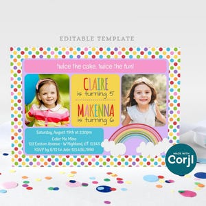 Plantilla de invitación de cumpleaños Rainbow Joint con fotos - Invitación editable de 5x7 para 2 niñas - Autoedición en línea con Corjl, archivo digital