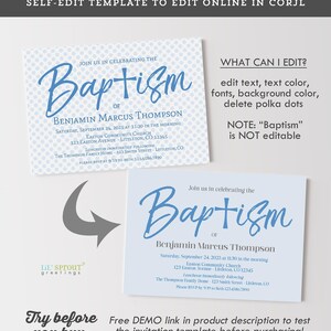 Puede incluir: Una plantilla de invitaci&oacute;n digital para bautizo con la palabra Baptism en letra cursiva azul, con texto editable para Benjamin Marcus Thompson, fecha, hora y lugar. El dise&ntilde;o incluye un fondo azul claro con lunares y una versi&oacute;n lisa.