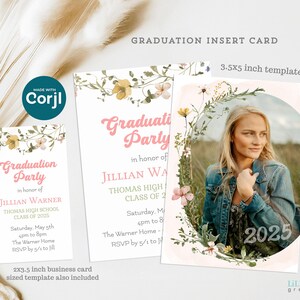 ワイルドフラワーガールズ卒業式エンクロージャーカードテンプレート、写真付き、卒業パーティー挿入、3.5x2インチと5x3.5インチサイズを含む、オンライン編集、ダウンロード、印刷