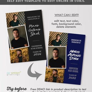 Senior Boy 2026 Graduation Announcement, 5x7 Modern Grad Invite Template for Corjl, Editable Online, Download & Print or Send Digitally image 5