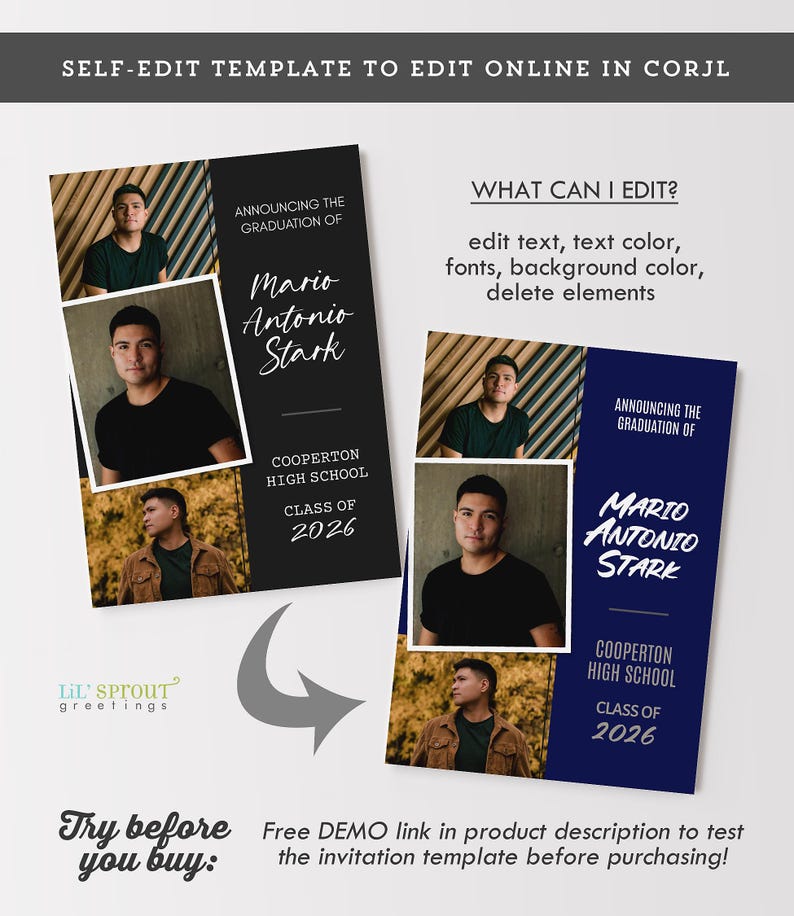 Senior Boy 2026 Graduation Announcement, 5x7 Modern Grad Invite Template for Corjl, Editable Online, Download & Print or Send Digitally image 5