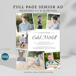 Ganzseitige Multi-Photo-Senior-Jahrbuchanzeige, bearbeitbare Vorlage - Bearbeiten Sie sich online mit Corjl, 8,5 x 11 ""Photo Grad Ad, digitaler Dateidownload."