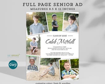 Full Page Multi-Photo Senior Yearbook Ad, Editable Template - Edit Yourself Online with Corjl, 8.5x11" Photo Grad Ad, Digital File Download