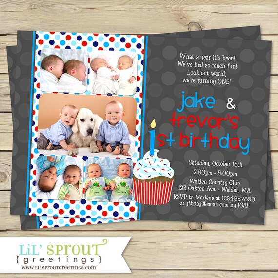 Boy Twin 1st Birthday Invite - Blue Red Photo Invite- Printable Twin Invitations - Print Your Own JPEG- Twin First Birthday Invitation - Il_570xn