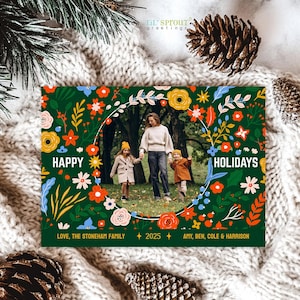 Editable Christmas Card Template w/ Flowers & Circle Photo, Self-Edit Online in Corjl, Download Digital File, Print or Send Electronically