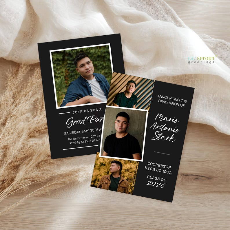 2026 graduation announcement for senior boy. features a black background with 3 photos on the front and graduates name and school. on the back features a single photo of the graduate and grad party details.