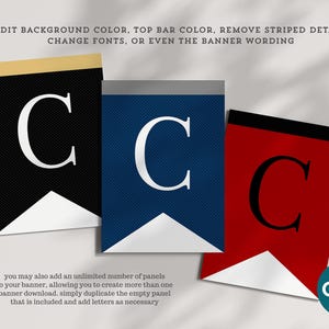 May include: Three swallowtail banner panels featuring the letter C in a serif font. The left panel is black with a gold top bar, the center is blue with a gray top bar, and the right is red with a black top bar. Text reads: EDIT BACKGROUND COLOR, TOP BAR COLOR, REMOVE STRIPED DETAIL, CHANGE FONTS, OR EVEN THE BANNER WORDING. You may also add an unlimited number of panels to your banner, allowing you to create more than one banner download. Simply duplicate the empty panel that is included and add letters as necessary.